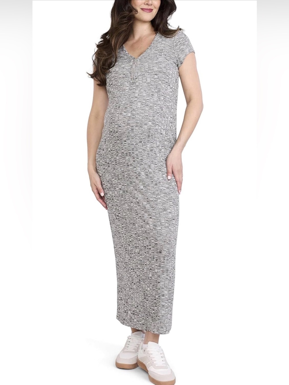 Motherhood Maternity Heather Gray Ribbed Short-Sleeve Maxi Dress